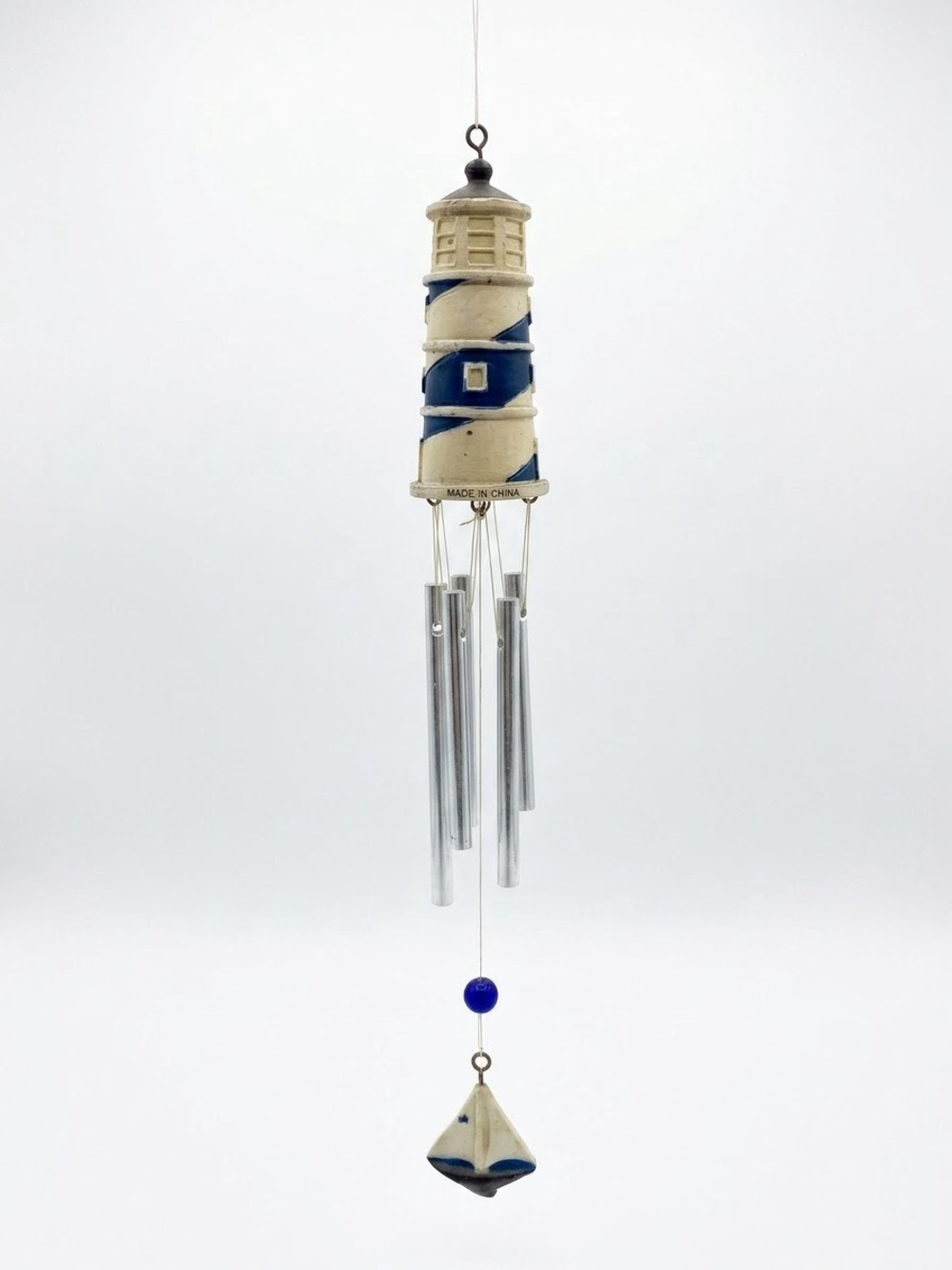 Vintage Mini Lighthouse Wind Chime Sailboat Blue White Coastal Nautical Decor